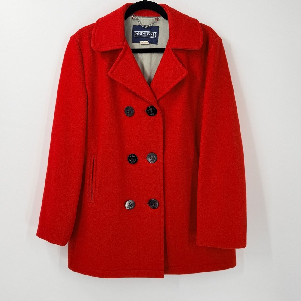 VTG Y2K Lands End Wool Pea Coat Womens 12 Red Rory Gilmore Preppy Kate Middleton